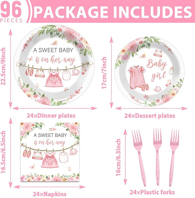 96Pcs Floral Baby Girl Baby Shower Plates and Napkins Decoration Pink Girl Party Tableware Dinnerware Set Rose Gold Paper Plates for Babies Girls Gender Reveal Party Supplies Serves 24 Guests