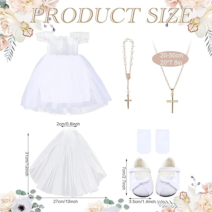 7 Pcs 18 Inches American Doll Clothes Outfit First Communion Dress with Matching Headband Veil Bracelet Shoes Socks Necklaces Fit 18 Inches Dolls, Doll Not Included(Floral Headband)