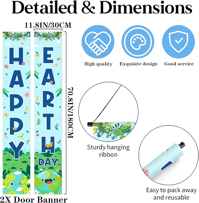 Happy Earth Day Banner Decorations - Blue Every Day is Earth Day Porch Sign Hanging Decor, April 22 Environmental Protection Party Supplies 11.8 x 70.8 Inch