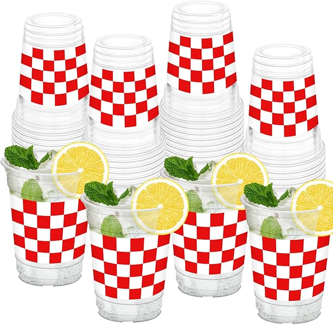 50Pcs Red and White Checkered Cups, 12oz Red Checkered Disposable Clear Plastic Cups Gingham Party Cup for Wedding Valentines Home Supplies Birthday Party Decorations