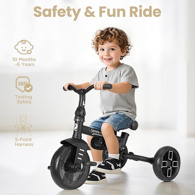 QPlay Toddler Bike Stroller for Baby 10 Months to 6 Years Old, 8-in-1 Foldable Stroller Bike for Toddlers 3-5 Boys & Girls Gifts Trike — Adjustable Handle, Triple Footrest, Canopy & Storage Bag