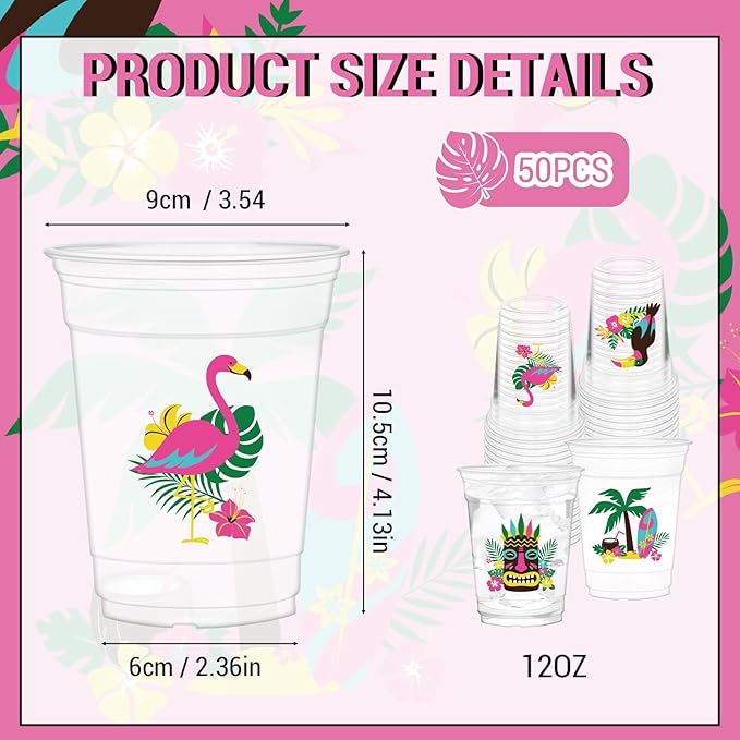 50Pcs Hawaiian Cups, 12oz Luau Party Cups Aloha Plastic Cup for Hawaiian Tropical Aloha Decorations Summer Themed Birthday Party Favor Luau Beach Pool Supplies