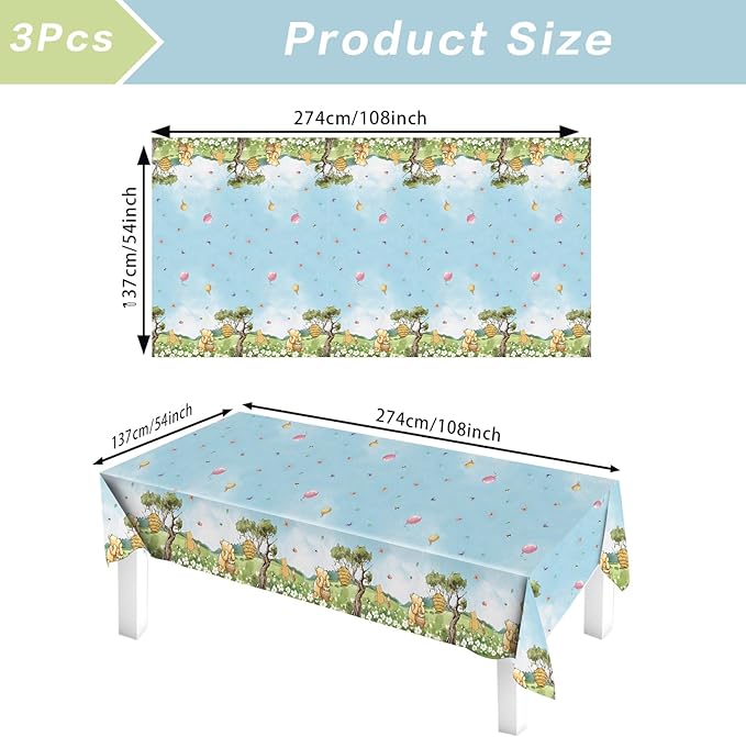 3pcs Party Tablecloth Bear Baby Shower Tablecloths Classic Bear Disposable Thickened Plastic Table Cover for Kids 1st 2rd Baby Party Supplies 54x108Inches (Blue)