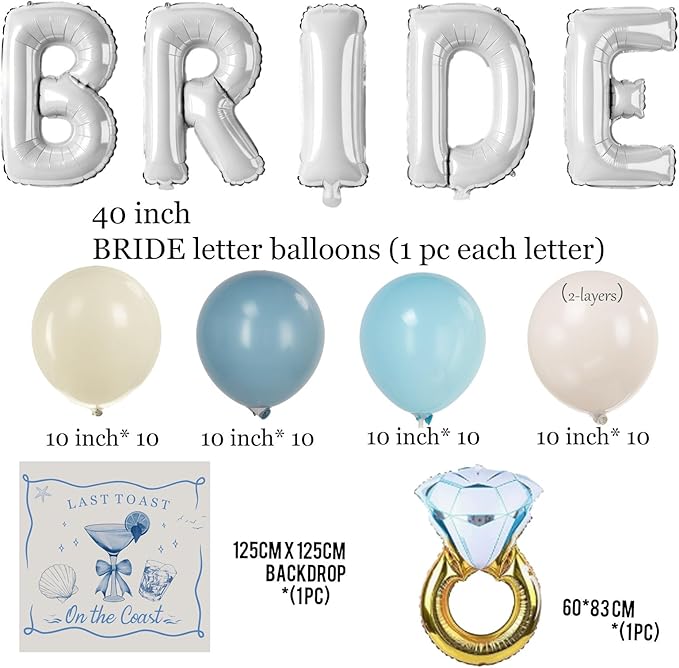 Last Toast on the Coast Bachelorette Decorations Blue bridal shower sand Balloon Garland Kit with Backdrop Huge 40 inch BRIDE letter Diamond Ring balloons for Hen Party Wedding Engagement supplies