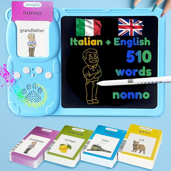 Drawing Tablet with Bilingual Flashcards for Kids - Italian English Talking Flash Cards, LCD Writing Pad Board, Pocket Speech for Toddlers, Learning Toy Gift for Boys Girls (Italian, Blue)