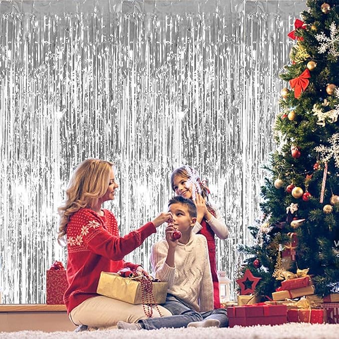 3Pcs Silver Metallic Tinsel Foil Fringe Curtains,3.2ft*8ft Silver Photo Booth Backdrop Streamer Curtain,Photo Booth Props,Ideal for Bachelorette,Birthday,Christmas,New Year Party Decorations