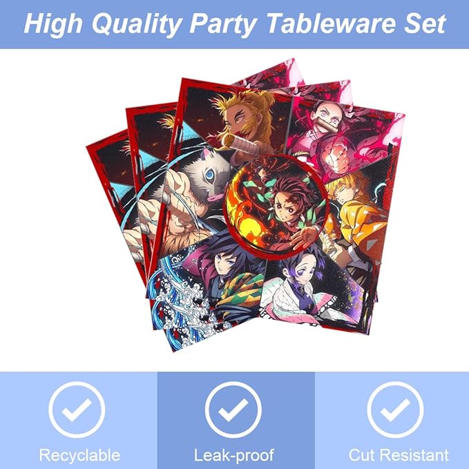 41Pcs Demon Slayers Party Supplies include 20 plates, 20 napkins for De Slayers 1 Tablecloth Birthday party Decoration