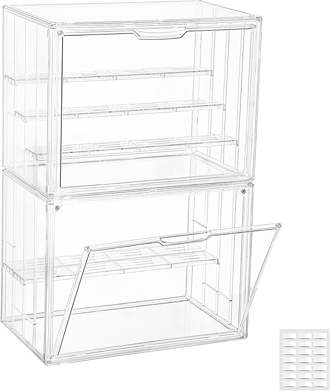 Attelite Acrylic Display Case,Upgrade 4 Tiers Clear Display Case with 3 Adjustable Divider, 2 Pack Stackable Large Storage Box with Magnetic Door for Collectibles Action Figures