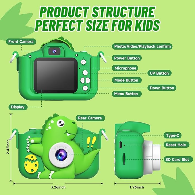 Kids Camera Toys for 3-8 Year Old Boys Girls, Dinosaur 1080P HD Selfie Digital Camera with 32GB Card, Christmas Birthday Gift for Kids
