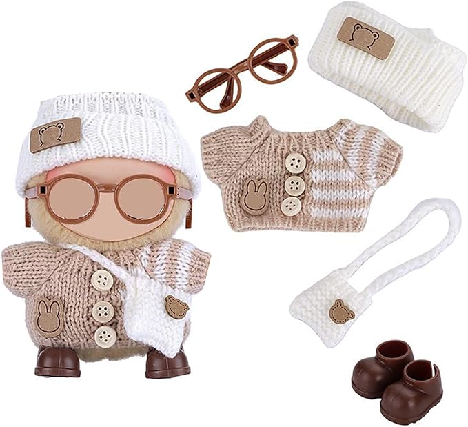 Knitting Outfit Set for 17cm Dolls, 4 Cozy Sweaters with Hats, Shoes, Glasses Bags, 6.7-Inch Doll Accessories, Gift Idea, (No Dolls)