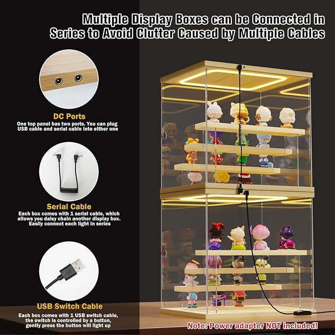Nynelly Acrylic Lighted Display Case for Collectibles, 4 Tier Figure Display Box with Door and Steps, Assemble Dustproof LED Showcase Storage Box for Mini Figures, Funko Pop, Toys, Wood Color