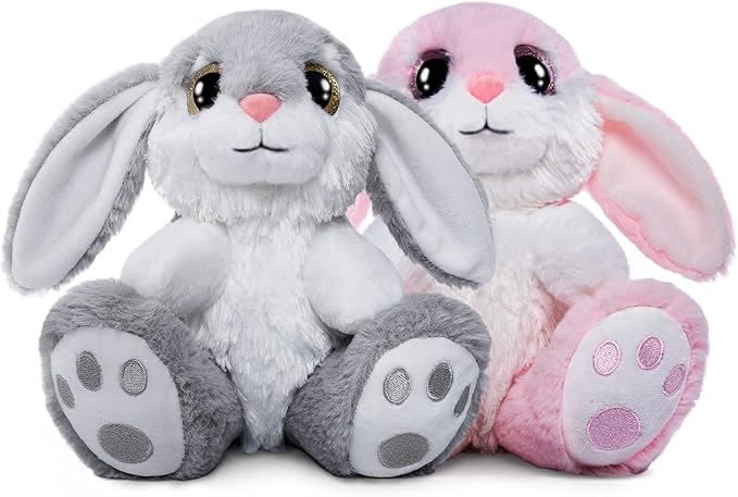 HO-EF 8.5" Bunny Stuffed Animal, 2 Sitting Bunny with Flappy Ears Plush Bunny Cute Stuffed Rabbit Plush Toy, Companion Easter Gift for Boys Girls Babies Kids (Pink+Grey)