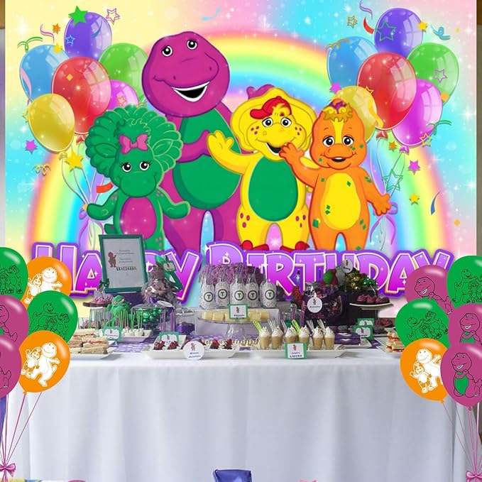 𝓑𝓪𝓻𝓷𝓮𝔂 Birthday Party Decoration, Photo Background 5 x 3 FT, 18 Pcs Balloons, 𝓑𝓪𝓻𝓷𝓮𝔂 Merch Party Backdrop Supplies