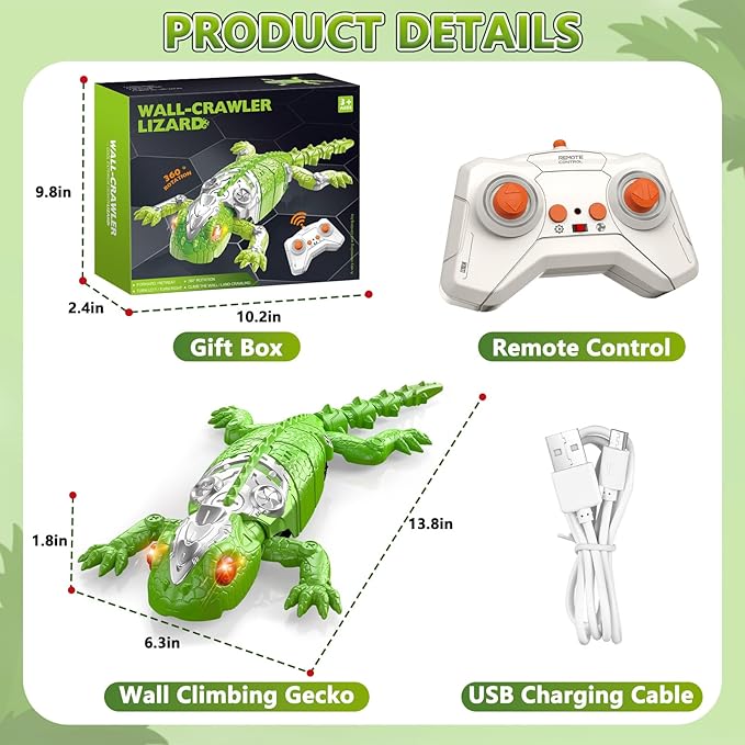 Wall Crawler Gecko, Rechargeable Remote Control Robot Kids Toys, Floor/Wall Crawling Dual Modes Wall Climbing Gecko Electric Lizard Toy, Prank Toys Birthday Gifts for Boys & Girls Ages 3 & Up