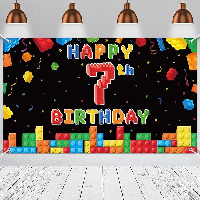 Panelee Building Block Birthday Banner Building Blocks Party Backdrop Decoration Happy Birthday Banner Photography Background for Party, 72.8 x 43.3 Inch(Black,7th)