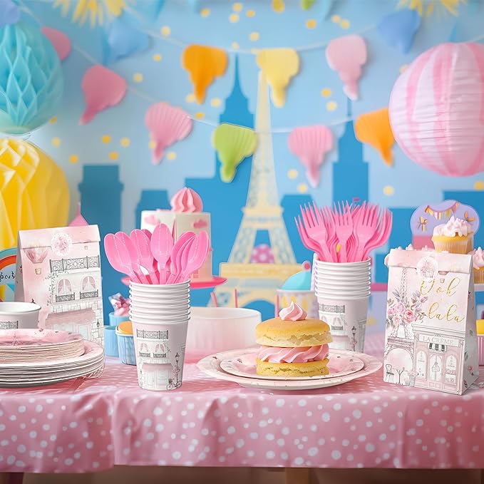 Paris Party Decorations Set - Chic Parisian Party Plates, Cups, Napkins, and Cutlery for a Magical Celebration - Elegant and Disposable Paris Party Supplies for Birthdays and Events