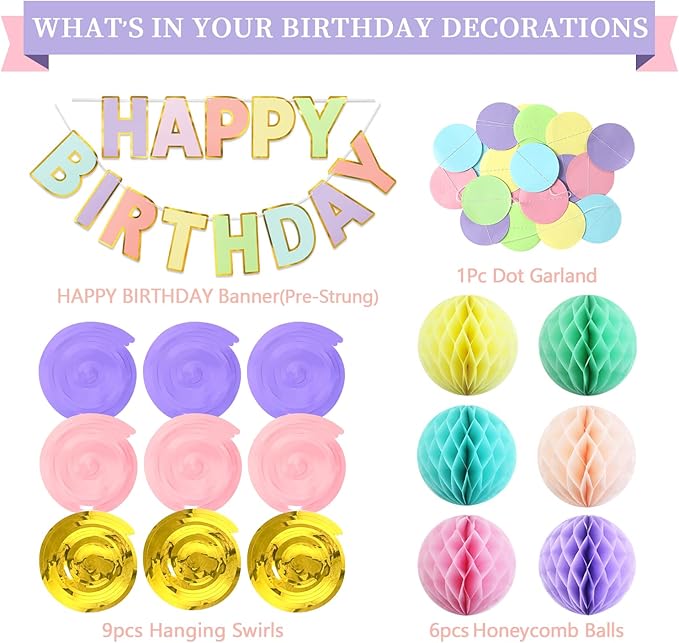 Pastel Birthday Decorations Kit - 17-Piece Set with Pre-Strung Happy Birthday Banner, Honeycomb Balls, Garland & Swirls | Macaron Theme Party Supplies for Women Girls Kids, Teens Adults