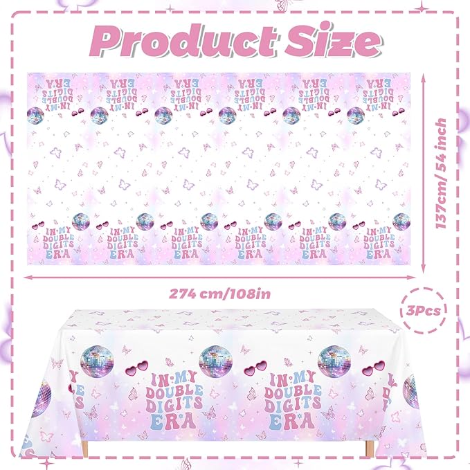 MEHOFOND 3 Pack 10th Birthday Tablecloth Decorations for Girls, in My Double Digits Birthday Plastic Disposable Table Cloth Purple Girl Music Disco Theme 10 Birthday Theme Table Cover Party Supplies