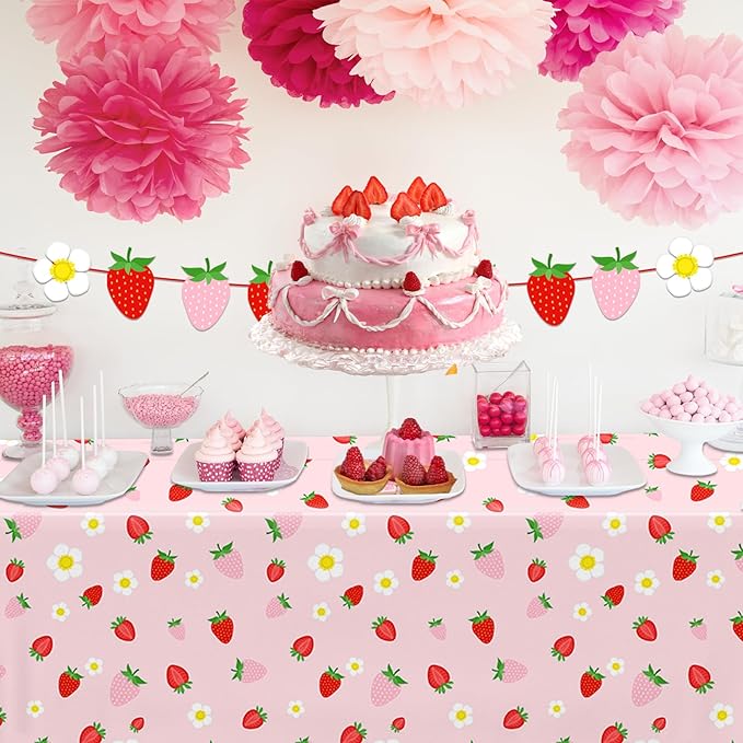 GREHUMOR 3 Pack Strawberry Tablecloth Strawberry Birthday Decorations Plastic Strawberry Theme Party Table Cover for Girls Sweet One Birthday Berry Sweet Baby Shower Party Supplies 51x87 inches