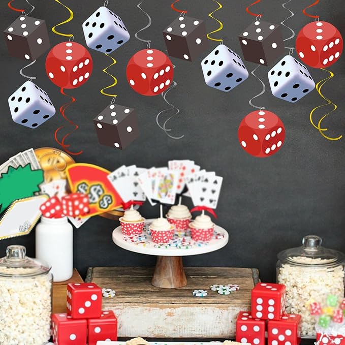 58PCS Casino Theme Party Decorations Casino Dice Hanging Swirls for Casino Night Birthday Party Decorations Poker Party Decora Game Night Decor(Red, White, Gray)