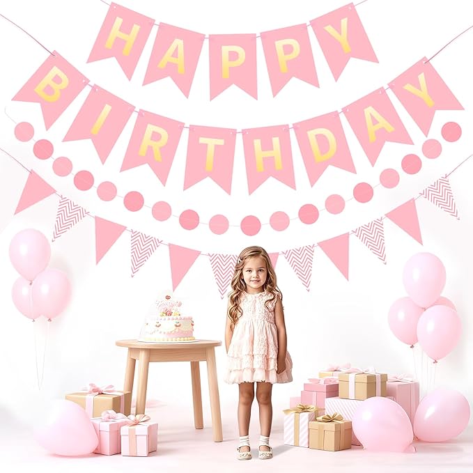 Pink Gold Happy Birthday Banner, Happy Birthday Decorations Hanging Birthday Sign Circle Dot Triangle Bunting for Women Men Girl Boy Party Supplies