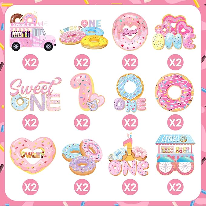 24 PCS Donut Sweet One Birthday Party Decorations, Donut Party Cupcake Topper Decorations for Girls 1st Birthday Party Baby Shower Supplies