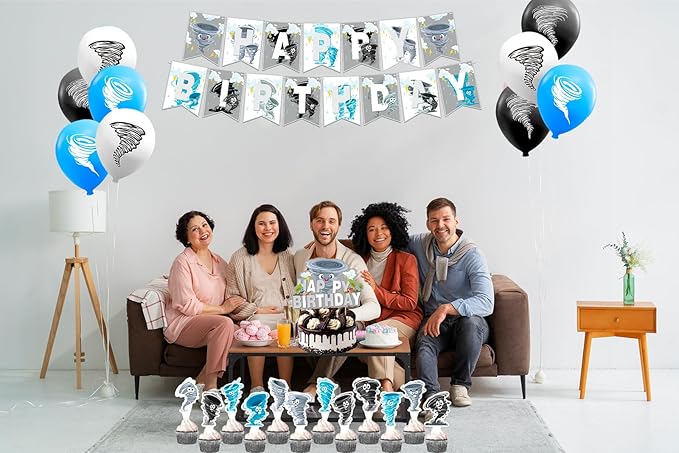 Tornado Party Decorations Tornado Birthday Decorations Set, Tornado Party Supplies Includes Birthday Banner, Cake Topper, Cupcake Toppers, Latex Balloons