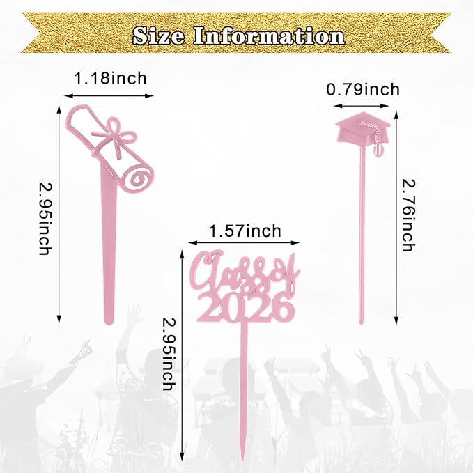 Boao 90 Pieces Class of 2026 Theme Graduation Cake Topper Plastic Cupcake Picks Graduation Cupcake Decorations for Party Supplies and Favors, 3 Styles(Pink)