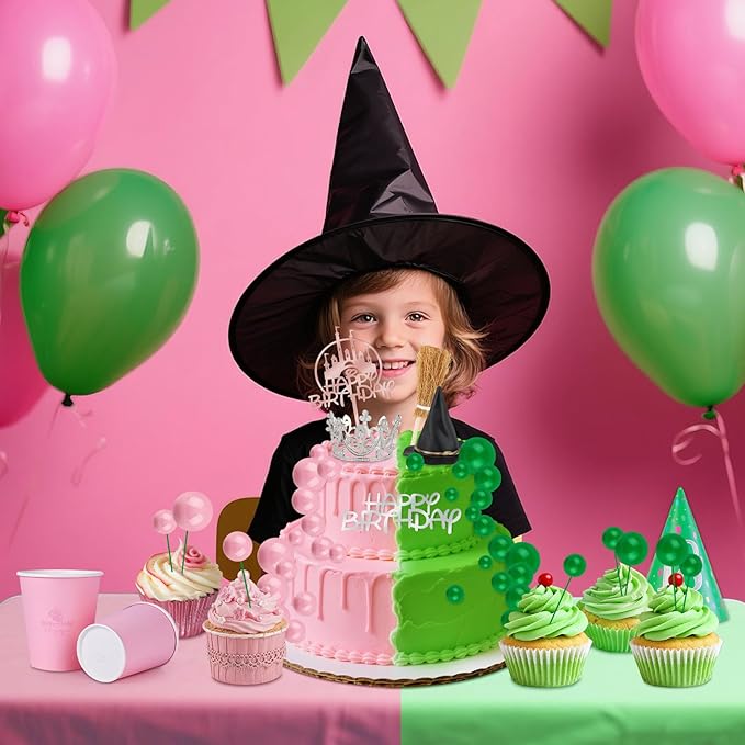 44 Pieces Pink and Green Cake Decorations with Mini Black Witch Hat, Silver Crown, Broom, Balloons, Happy Birthday Cake Topper for Girls Women Princess Witch Birthday Party Decorations Supplies