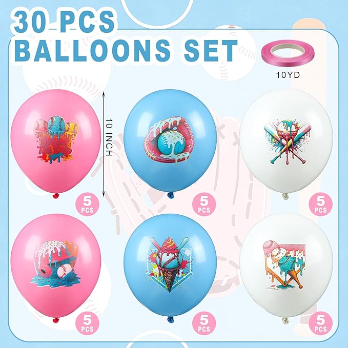 30 Pcs 10 Inch Ice Cream Drip Baseball Balloons with 32.8 ft Ribbon Pink and Blue White Baseball Balloon Decorations for Sport Themed Birthday Baby Shower Graduation Party Backdrop Supplies