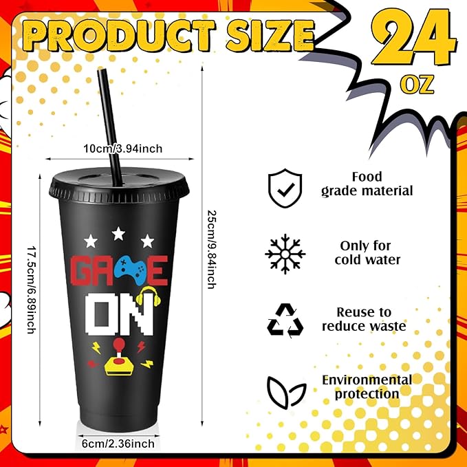 16 Pcs Video Game Plastic Cups Gaming Party Favor with Lids and Straws 24 oz Gamer Reusable Tumbler Water Mug for Fun Video Birthday Party Supplies for Adults (Black)