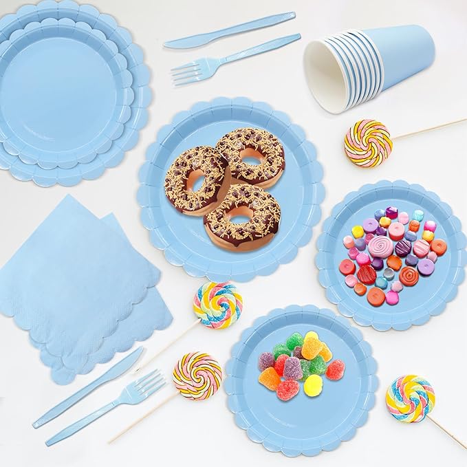 144Pcs Blue Birthday Party Supplies Blue Tableware Set Serve 24 Guests Includes Dinner Plates Cups Napkins For Wedding Baby Shower Birthday Party Decorations