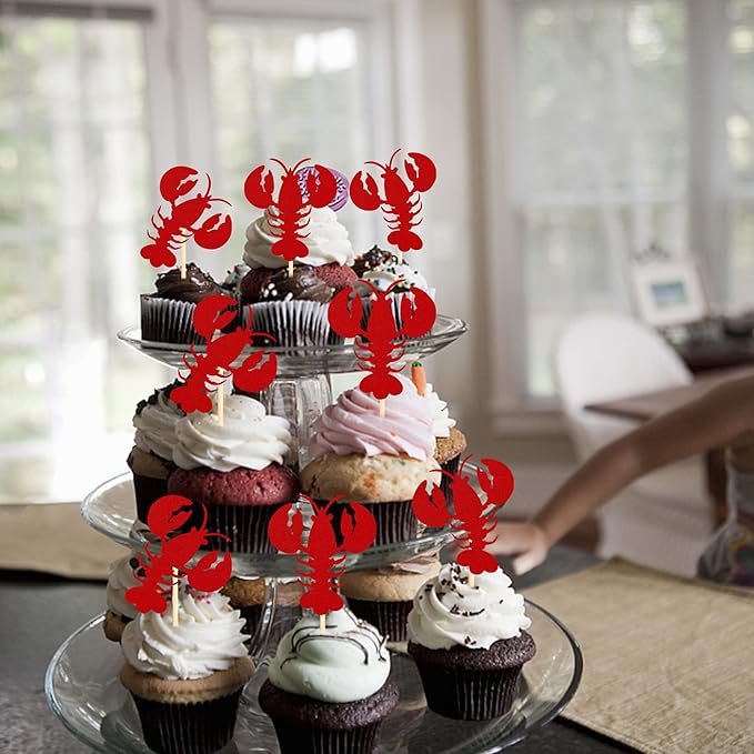 24 Pack Crawfish Cupcake Toppers Red Glitter Lobster Cupcake Food Picks Bridal Shower Bachelorette Sea Animal Theme Baby Shower Kids Birthday Party Cake Decorations Supplies Red