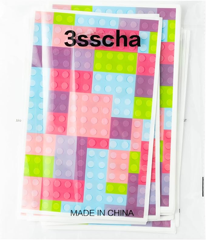 3sscha 50Pcs Pink Block Party Favor Bag Building Block Plastic Waterproof Goodie Bag with Die Cut Handles Rectangular Candy Gift Bags for Kids Birthday Baby Shower Decoration Party Favor Supplies