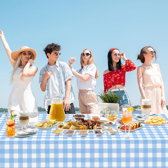 WNINK 4 Pack Light Blue Gingham Rectangular Plastic Tablecloths, Blue and White Checkered Disposable Table Covers 54" x 108" for Birthday, Wedding, Bridal Shower, Outdoor Picnic Camping Parties