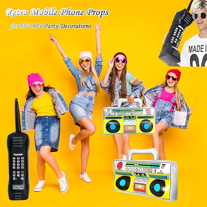 5 Pieces Inflatable Radio Boombox Inflatable Mobile Phone,Retro Mobile Phone for 80's 90's Party Decorations,Hip Hop Costume,Birthday Theme Party Photo