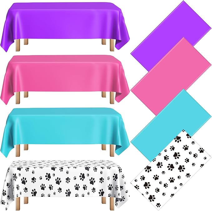 4 Pack Puppy Dog Pet Paw Print Plastic Tablecloth 54 x 108 Inches Purple Teal Pink Table Cover Paw Print Disposable Rectangle Table Cover for Pet Blue Dog Birthday Party Supplies