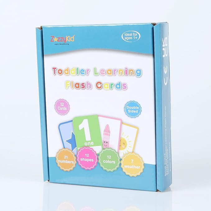 ZazzyKid Flash Cards for Toddlers - 52 Double Sides Cards for Numbers, Colors, Shapes & Weather - Learning & Education Toys for Preschool