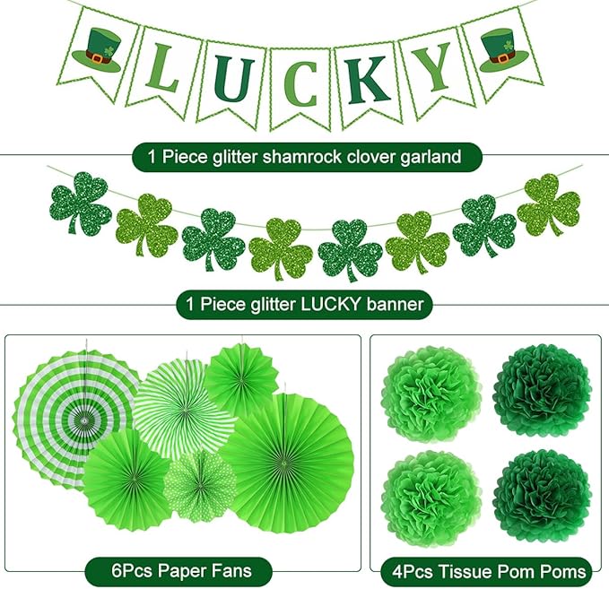 St. Patrick's Day Decorations, St Patty's Saint Decor Accessories for Irish Party Supplies, Including Paper Fan, Glitter Lucky Banner, Shamrock Garlands Clover, Green