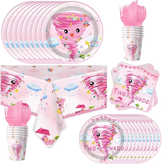 81Pcs Pink Tornado Theme Party Tableware Set Pink Two Nado Birthday Party Decoration Tornado Party Supplies