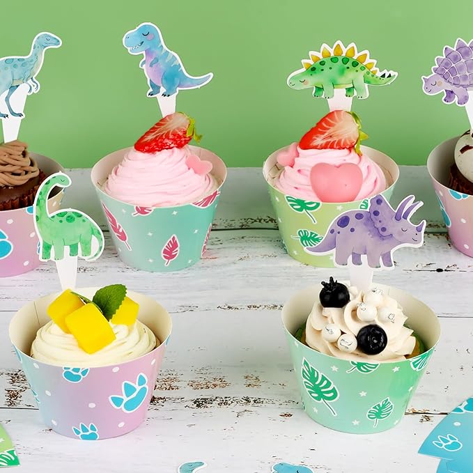 48 Pack Watercolor Dinosaur Cupcake Toppers and Wrappers, Colorful Dinosaur Party Cake Decoration for Dino Theme Birthday Party Baby Shower Supplies