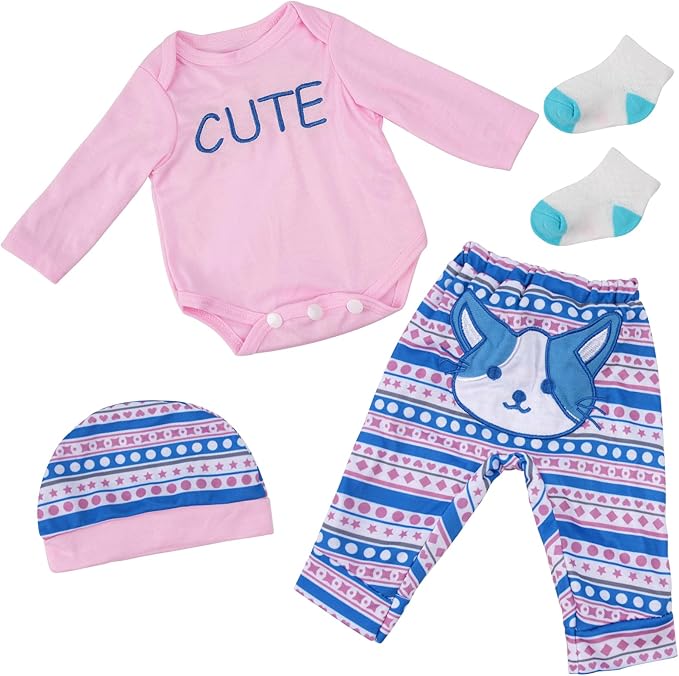 BABESIDE 4 Pcs Reborn Baby Doll Clothes Set for 17-22 Inch Babydolls, Cute Cat Pattern Baby Doll Accessories with Hat Socks for Realistic Baby Dolls Accessories, Pink