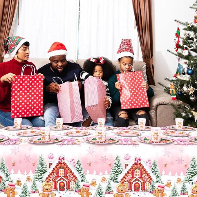 194 Pcs Christmas Party Supplies Decorations Pink Gingerbread Party Decorations Gingerbread House Cookie Christmas Disposable Tableware Set with Plates Napkins and Tablecloth Serves 24 Guests
