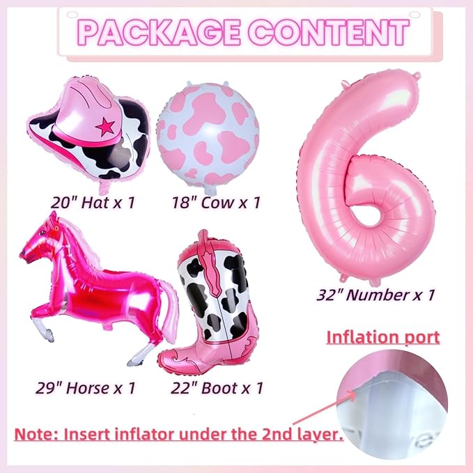 Western Cowgirl Balloons Pink 6th Birthday Party Decorations, Retro Horse Cowgirl Hat Boot Balloons Girls Western Theme Rodeo Birthday Party Decorations Supplies Decor (32 Inch Pink 6 balloon)