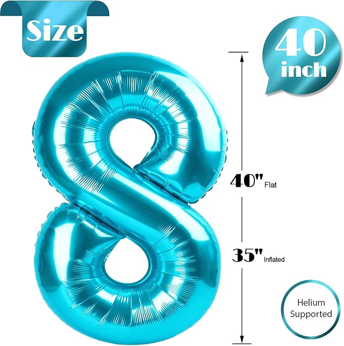 8 Balloon, Blue Number Balloons 40 Inch, 8th Birthday Decorations for Boys Girls, Blue Birthday Balloons Party Supplies, Number 8 Balloon