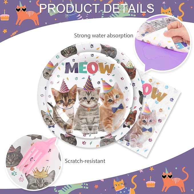 96Pcs Cat Birthday Party Supplies Pet Cat Paper Plates and Napkins and Cups Baby Shower Kids Birthday Tea Party Decorations, Serves 24
