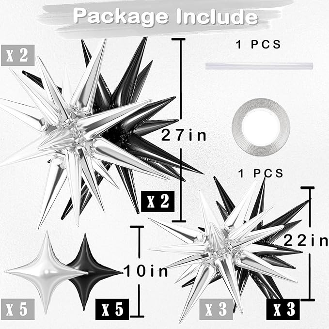 20 Pcs Star Balloons 27”22”Explosion Foil Balloons- Spike Balloon and Four Pointed Star Balloon for Party Supplies Christmas Birthday Wedding Photo Booth (Silver Black)