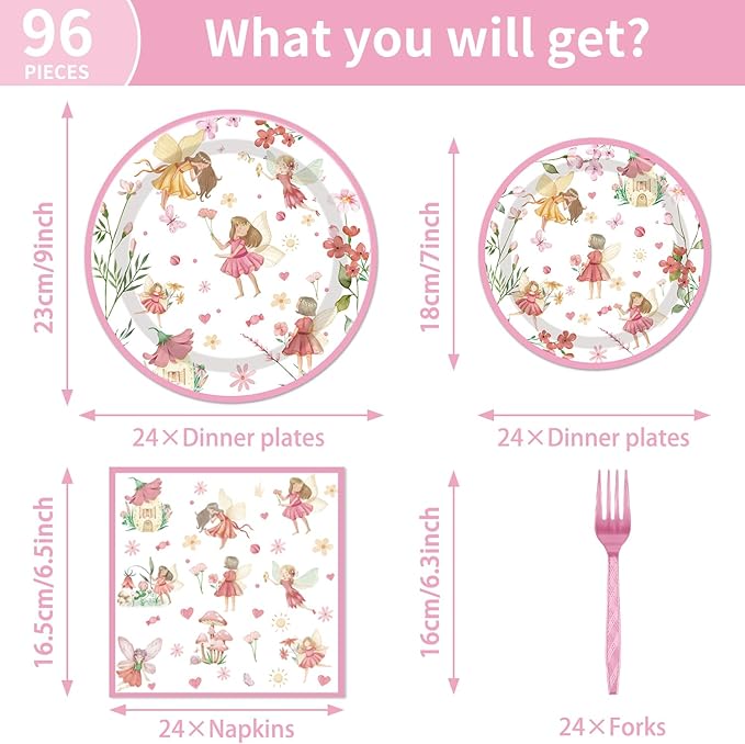 Fairy Birthday Party Supplies Tableware - 96PCS Butterfly Flower Fairies Plates and Napkins Birthday Decorations, Enchanted Forest Garden Party Tableware Set, Fairy Party Supplies Serve 24 Guests