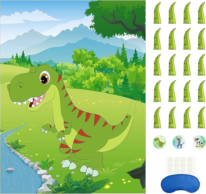 Morcheiong Pin The Tail on The Dinosaur Game with 48pcs Tails for Dinosaur Party Favors, Kids Birthday Supplies, Boys Decorations