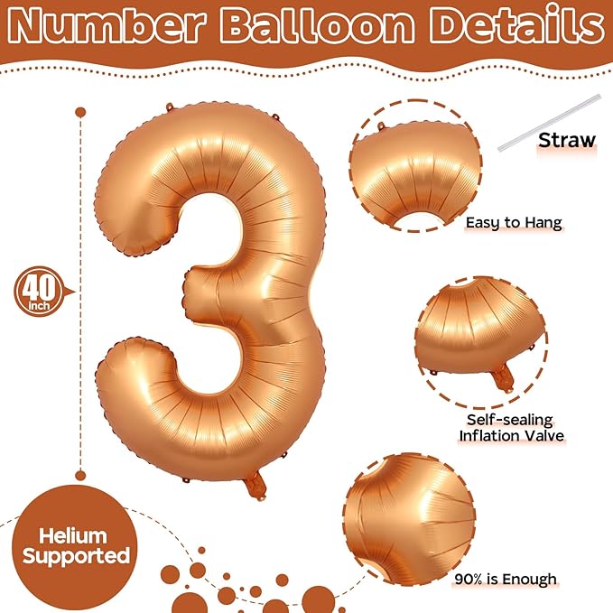 3rd Birthday Number Balloons for Girls, 40 Inch Foil Self Inflating 3 Balloons Decor, Helium Large Mylar Orange Number 3 Balloon for Kids Birthday Anniversary Celebration Party Decorations Supplies